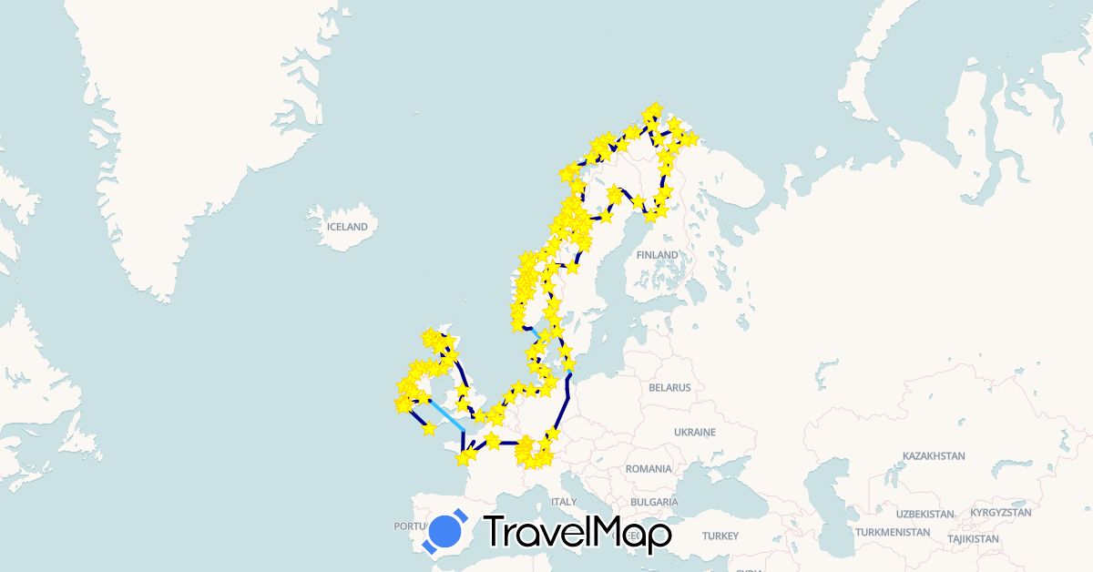 TravelMap itinerary: driving, hiking, boat in Austria, Belgium, Switzerland, Germany, Denmark, Finland, France, United Kingdom, Ireland, Liechtenstein, Netherlands, Norway, Sweden (Europe)